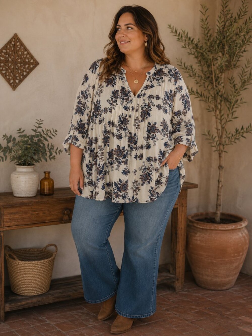Navy Blue & Cream Floral Boho Peasant Blouse